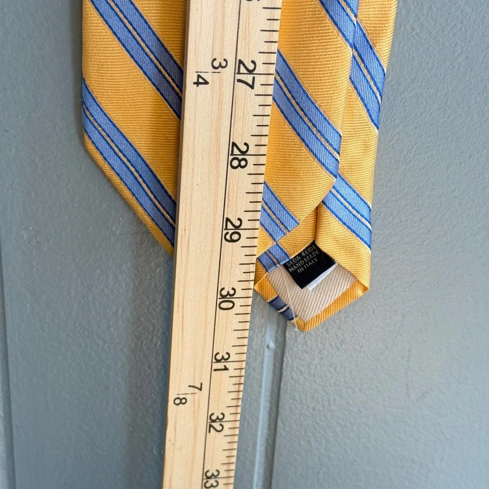 Vtg Barneys New York 100%‎ Silk Regimental Stripe Tie Yellow Blue Handmade Italy